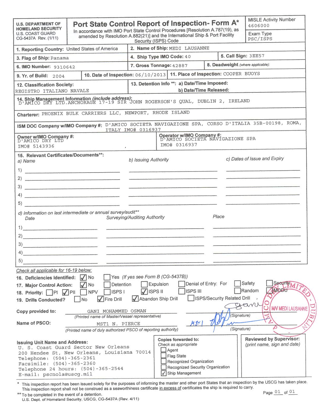 USCG Inspection Certificate